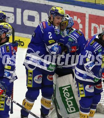 EBEL. Eishockey Bundesliga. EC VSV gegen HC TIWAG Innsbruck. Jubel Dylan Macpherson, Jean Philippe Lamoureux  (VSV). Villach, am 21.2.2024.
Foto: Kuess
www.qspictures.net
---
pressefotos, pressefotografie, kuess, qs, qspictures, sport, bild, bilder, bilddatenbank