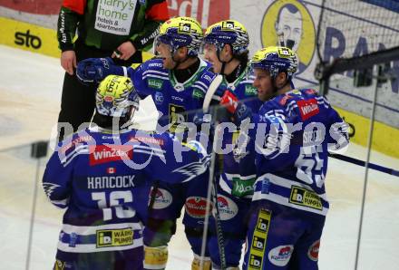 EBEL. Eishockey Bundesliga. EC VSV gegen HC TIWAG Innsbruck.  Torjubel John Hughes, Dylan Macpherson, Robert Sabolic, Kevin Hancock (VSV). Villach, am 21.2.2024.
Foto: Kuess
www.qspictures.net
---
pressefotos, pressefotografie, kuess, qs, qspictures, sport, bild, bilder, bilddatenbank