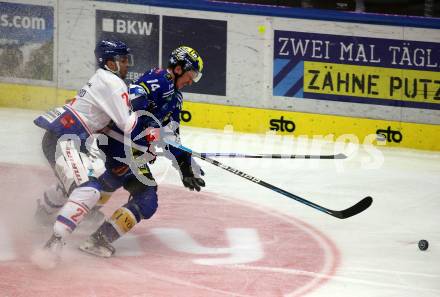 EBEL. Eishockey Bundesliga. EC VSV gegen HC TIWAG Innsbruck. Maxime Golod,   (VSV), Anders Krogsgaard   (Innsbruck). Villach, am 21.2.2024.
Foto: Kuess
www.qspictures.net
---
pressefotos, pressefotografie, kuess, qs, qspictures, sport, bild, bilder, bilddatenbank