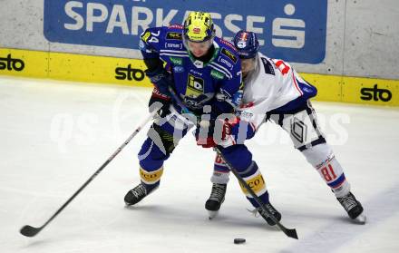 EBEL. Eishockey Bundesliga. EC VSV gegen HC TIWAG Innsbruck.  Maxime Golod,  (VSV),   Corey Mackin (Innsbruck). Villach, am 21.2.2024.
Foto: Kuess
www.qspictures.net
---
pressefotos, pressefotografie, kuess, qs, qspictures, sport, bild, bilder, bilddatenbank