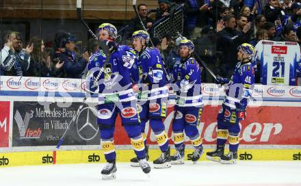 EBEL. Eishockey Bundesliga. EC VSV gegen HC TIWAG Innsbruck.  Jubel Alexander Rauchenwald, Dylan Macpherson, Kevin Hancock, Alex Wall (VSV). Villach, am 21.2.2024.
Foto: Kuess
www.qspictures.net
---
pressefotos, pressefotografie, kuess, qs, qspictures, sport, bild, bilder, bilddatenbank