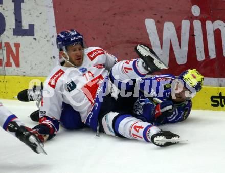 EBEL. Eishockey Bundesliga. EC VSV gegen HC TIWAG Innsbruck.  Kevin Hancock,  (VSV),  Nathanael Halbert  (Innsbruck). Villach, am 21.2.2024.
Foto: Kuess
www.qspictures.net
---
pressefotos, pressefotografie, kuess, qs, qspictures, sport, bild, bilder, bilddatenbank