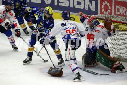 EBEL. Eishockey Bundesliga. EC VSV gegen HC TIWAG Innsbruck. Alex Wall,   (VSV),  Anders Krogsgaard, Evan Buitenhuis  (Innsbruck). Villach, am 21.2.2024.
Foto: Kuess
www.qspictures.net
---
pressefotos, pressefotografie, kuess, qs, qspictures, sport, bild, bilder, bilddatenbank