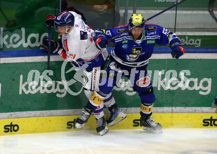 EBEL. Eishockey Bundesliga. EC VSV gegen HC TIWAG Innsbruck.  Robert Sabolic, (VSV), Kevin Roy    (Innsbruck). Villach, am 21.2.2024.
Foto: Kuess
www.qspictures.net
---
pressefotos, pressefotografie, kuess, qs, qspictures, sport, bild, bilder, bilddatenbank