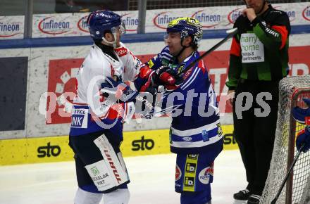 EBEL. Eishockey Bundesliga. EC VSV gegen HC TIWAG Innsbruck.  Ethan Cap,  (VSV), Luis Ludin    (Innsbruck). Villach, am 21.2.2024.
Foto: Kuess
www.qspictures.net
---
pressefotos, pressefotografie, kuess, qs, qspictures, sport, bild, bilder, bilddatenbank