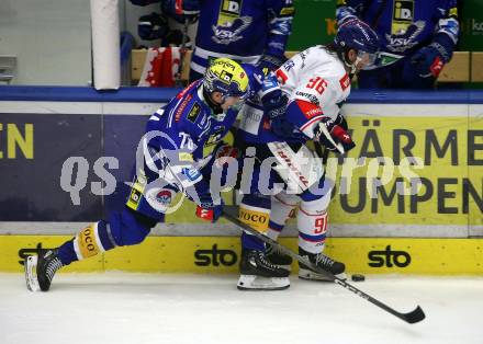 EBEL. Eishockey Bundesliga. EC VSV gegen HC TIWAG Innsbruck. Felix Maxa, (VSV),  Martin Ulmer    (Innsbruck). Villach, am 21.2.2024.
Foto: Kuess
www.qspictures.net
---
pressefotos, pressefotografie, kuess, qs, qspictures, sport, bild, bilder, bilddatenbank