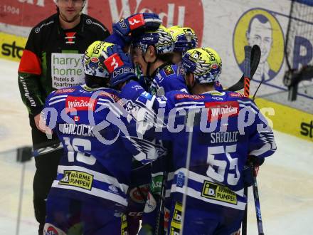 EBEL. Eishockey Bundesliga. EC VSV gegen HC TIWAG Innsbruck. Torjubel Alex Wall, John Hughes, Dylan Macpherson, Robert Sabolic, Kevin Hancock  (VSV). Villach, am 21.2.2024.
Foto: Kuess
www.qspictures.net
---
pressefotos, pressefotografie, kuess, qs, qspictures, sport, bild, bilder, bilddatenbank