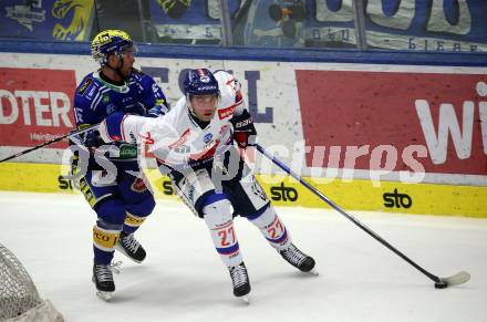 EBEL. Eishockey Bundesliga. EC VSV gegen HC TIWAG Innsbruck. Mark Katic,   (VSV),  Anders Krogsgaard  (Innsbruck). Villach, am 21.2.2024.
Foto: Kuess
www.qspictures.net
---
pressefotos, pressefotografie, kuess, qs, qspictures, sport, bild, bilder, bilddatenbank