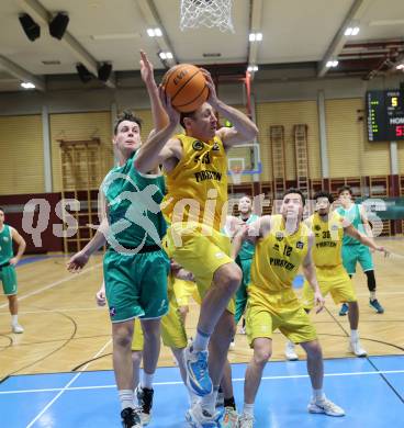 Basketball 2. Liga 2023/2024. Grunddurchgang 19. Runde.  Woerthersee Piraten gegen KOS. Simon Finzgar (Piraten),   Lorenz Windisch (KOS). Klagenfurt, am 24.2.2024.
Foto: Kuess

---
pressefotos, pressefotografie, kuess, qs, qspictures, sport, bild, bilder, bilddatenbank