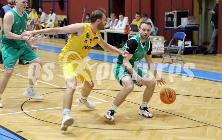 Basketball 2. Liga 2023/2024. Grunddurchgang 19. Runde.  Woerthersee Piraten gegen KOS. Daniel Filipovic (Piraten),  Tim Huber  (KOS). Klagenfurt, am 24.2.2024.
Foto: Kuess

---
pressefotos, pressefotografie, kuess, qs, qspictures, sport, bild, bilder, bilddatenbank