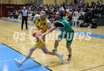 Basketball 2. Liga 2023/2024. Grunddurchgang 19. Runde.  Woerthersee Piraten gegen KOS. Jernej Andolsek Heine (Piraten),  Tim Huber  (KOS). Klagenfurt, am 24.2.2024.
Foto: Kuess

---
pressefotos, pressefotografie, kuess, qs, qspictures, sport, bild, bilder, bilddatenbank