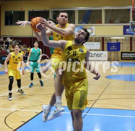 Basketball 2. Liga 2023/2024. Grunddurchgang 19. Runde.  Woerthersee Piraten gegen KOS. Andreas Nuck, Jan-Arne Apschner (Piraten),  Klagenfurt, am 24.2.2024.
Foto: Kuess

---
pressefotos, pressefotografie, kuess, qs, qspictures, sport, bild, bilder, bilddatenbank