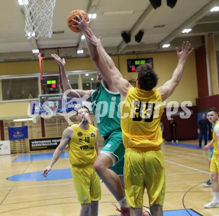 Basketball 2. Liga 2023/2024. Grunddurchgang 19. Runde.  Woerthersee Piraten gegen KOS. Simon Finzgar (Piraten),  Veljko Dena  (KOS). Klagenfurt, am 24.2.2024.
Foto: Kuess

---
pressefotos, pressefotografie, kuess, qs, qspictures, sport, bild, bilder, bilddatenbank