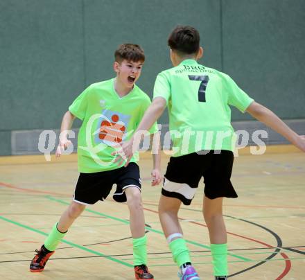 Futsal Schuelerliga. Finale. BRG Spittal (gruen) gegen Waidmannsdorf (blau).  Jubel (Spittal). St. Veit an der Glan, am 22.2.2023.
Foto: Kuess
www.qspictures.net
---
pressefotos, pressefotografie, kuess, qs, qspictures, sport, bild, bilder, bilddatenbank