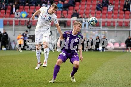 Fussball Bundesliga. SK Austria Klagenfurt gegen FC Blau Weiss Linz. Nicolas Binder,  (Klagenfurt), Manuel Maranda   (Linz).  Klagenfurt, am 25.2.2024.
Foto: Kuess
www.qspictures.net
---
pressefotos, pressefotografie, kuess, qs, qspictures, sport, bild, bilder, bilddatenbank