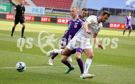 Fussball Bundesliga. SK Austria Klagenfurt gegen FC Blau Weiss Linz.  Florian Jaritz,  (Klagenfurt), Julian Peter Goelles  (Linz).  Klagenfurt, am 25.2.2024.
Foto: Kuess
www.qspictures.net
---
pressefotos, pressefotografie, kuess, qs, qspictures, sport, bild, bilder, bilddatenbank