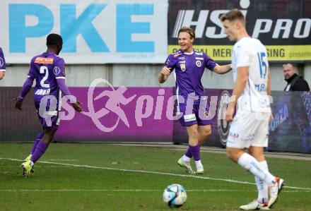 Fussball Bundesliga. SK Austria Klagenfurt gegen FC Blau Weiss Linz.  Torjubel Aaron Sky Schwarz, Solomon Bonnah (Klagenfurt).  Klagenfurt, am 25.2.2024.
Foto: Kuess
www.qspictures.net
---
pressefotos, pressefotografie, kuess, qs, qspictures, sport, bild, bilder, bilddatenbank