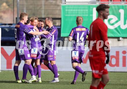 Fussball Bundesliga. SK Austria Klagenfurt gegen FC Blau Weiss Linz. Torjubel Aaron Sky Schwarz, Nicolas Binder, Andrew Irving, Christopher Wernitznig, Rico Benatelli, Christopher Cvetko  (Klagenfurt).  Klagenfurt, am 25.2.2024.
Foto: Kuess
www.qspictures.net
---
pressefotos, pressefotografie, kuess, qs, qspictures, sport, bild, bilder, bilddatenbank