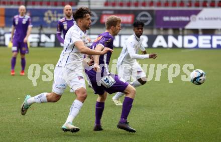 Fussball Bundesliga. SK Austria Klagenfurt gegen FC Blau Weiss Linz. Christopher CVetko,  (Klagenfurt), Marco Krainz   (Linz).  Klagenfurt, am 25.2.2024.
Foto: Kuess
www.qspictures.net
---
pressefotos, pressefotografie, kuess, qs, qspictures, sport, bild, bilder, bilddatenbank