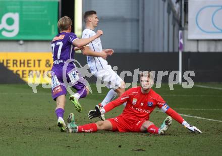 Fussball Bundesliga. SK Austria Klagenfurt gegen FC Blau Weiss Linz. Torjubel Aaron Sky Schwarz  (Klagenfurt).  Klagenfurt, am 25.2.2024.
Foto: Kuess
www.qspictures.net
---
pressefotos, pressefotografie, kuess, qs, qspictures, sport, bild, bilder, bilddatenbank