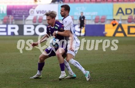 Fussball Bundesliga. SK Austria Klagenfurt gegen FC Blau Weiss Linz. Aaron Sky Schwarz,   (Klagenfurt),  Fabio Strauss (Linz).  Klagenfurt, am 25.2.2024.
Foto: Kuess
www.qspictures.net
---
pressefotos, pressefotografie, kuess, qs, qspictures, sport, bild, bilder, bilddatenbank