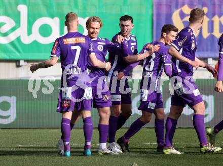 Fussball Bundesliga. SK Austria Klagenfurt gegen FC Blau Weiss Linz.  Torjubel Aaron Sky Schwarz (Klagenfurt).  Klagenfurt, am 25.2.2024.
Foto: Kuess
www.qspictures.net
---
pressefotos, pressefotografie, kuess, qs, qspictures, sport, bild, bilder, bilddatenbank