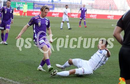 Fussball Bundesliga. SK Austria Klagenfurt gegen FC Blau Weiss Linz.  Aaron Sky Schwarz,  (Klagenfurt), Tobias Koch  (Linz).  Klagenfurt, am 25.2.2024.
Foto: Kuess
www.qspictures.net
---
pressefotos, pressefotografie, kuess, qs, qspictures, sport, bild, bilder, bilddatenbank