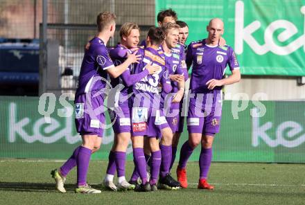 Fussball Bundesliga. SK Austria Klagenfurt gegen FC Blau Weiss Linz. Torjubel Aaron Sky Schwarz  (Klagenfurt).  Klagenfurt, am 25.2.2024.
Foto: Kuess
www.qspictures.net
---
pressefotos, pressefotografie, kuess, qs, qspictures, sport, bild, bilder, bilddatenbank