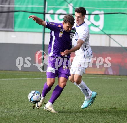 Fussball Bundesliga. SK Austria Klagenfurt gegen FC Blau Weiss Linz.  Christopher Wernitznig, (Klagenfurt),  Conor Noss  (Linz).  Klagenfurt, am 25.2.2024.
Foto: Kuess
www.qspictures.net
---
pressefotos, pressefotografie, kuess, qs, qspictures, sport, bild, bilder, bilddatenbank