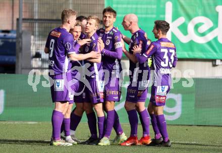 Fussball Bundesliga. SK Austria Klagenfurt gegen FC Blau Weiss Linz.  Torjubel Aaron Sky Schwarz (Klagenfurt).  Klagenfurt, am 25.2.2024.
Foto: Kuess
www.qspictures.net
---
pressefotos, pressefotografie, kuess, qs, qspictures, sport, bild, bilder, bilddatenbank