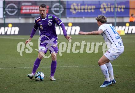 Fussball Bundesliga. SK Austria Klagenfurt gegen FC Blau Weiss Linz.  Max Besuschkow,  (Klagenfurt), Alexander Briedl  (Linz).  Klagenfurt, am 25.2.2024.
Foto: Kuess
www.qspictures.net
---
pressefotos, pressefotografie, kuess, qs, qspictures, sport, bild, bilder, bilddatenbank