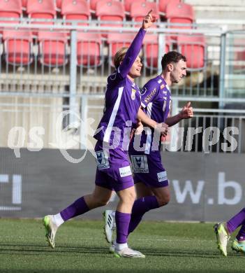 Fussball Bundesliga. SK Austria Klagenfurt gegen FC Blau Weiss Linz.  Torjubel Aaron Sky Schwarz (Klagenfurt).  Klagenfurt, am 25.2.2024.
Foto: Kuess
www.qspictures.net
---
pressefotos, pressefotografie, kuess, qs, qspictures, sport, bild, bilder, bilddatenbank