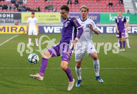 Fussball Bundesliga. SK Austria Klagenfurt gegen FC Blau Weiss Linz. Max Besuschkow,   (Klagenfurt), Alexander Briedl  (Linz).  Klagenfurt, am 25.2.2024.
Foto: Kuess
www.qspictures.net
---
pressefotos, pressefotografie, kuess, qs, qspictures, sport, bild, bilder, bilddatenbank