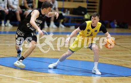 Basketball 2. Liga 2023/2024. Playoffs. VF-031.  Woerthersee Piraten gegen Guessing Blackbirds.  Jernej Andolsek Heine  (Piraten),  Jakob Ernst   (Guessing). Klagenfurt, am 2.3.2024.
Foto: Kuess

---
pressefotos, pressefotografie, kuess, qs, qspictures, sport, bild, bilder, bilddatenbank