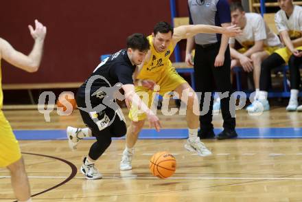 Basketball 2. Liga 2023/2024. Playoffs. VF-031.  Woerthersee Piraten gegen Guessing Blackbirds.   Jan-Arne Apschner (Piraten), Tobias Kopcsandy   (Guessing). Klagenfurt, am 2.3.2024.
Foto: Kuess

---
pressefotos, pressefotografie, kuess, qs, qspictures, sport, bild, bilder, bilddatenbank