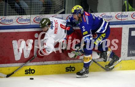 EBEL. Eishockey Bundesliga. EC VSV gegen HCB Suedtirol Alperia. Dylan Macpherson,   (VSV),    Daniel Mantenuto (Bozen). Villach, am 5.3.2024.
Foto: Kuess
www.qspictures.net
---
pressefotos, pressefotografie, kuess, qs, qspictures, sport, bild, bilder, bilddatenbank