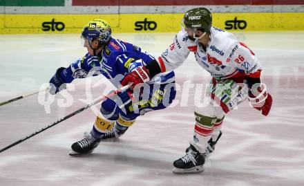 EBEL. Eishockey Bundesliga. EC VSV gegen HCB Suedtirol Alperia.  Philipp Lindner, (VSV),   Angelo Miceli  (Bozen). Villach, am 5.3.2024.
Foto: Kuess
www.qspictures.net
---
pressefotos, pressefotografie, kuess, qs, qspictures, sport, bild, bilder, bilddatenbank