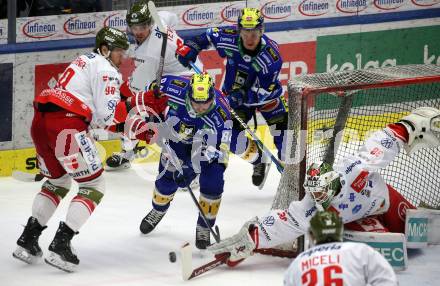 EBEL. Eishockey Bundesliga. EC VSV gegen HCB Suedtirol Alperia.  Andrew Desjardins,  (VSV),    Sam Harvey, Dylan Di Perna (Bozen). Villach, am 5.3.2024.
Foto: Kuess
www.qspictures.net
---
pressefotos, pressefotografie, kuess, qs, qspictures, sport, bild, bilder, bilddatenbank