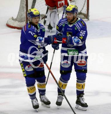 EBEL. Eishockey Bundesliga. EC VSV gegen HCB Suedtirol Alperia.  Torjubel John Hughes, Robert Sabolic (VSV). Villach, am 5.3.2024.
Foto: Kuess
www.qspictures.net
---
pressefotos, pressefotografie, kuess, qs, qspictures, sport, bild, bilder, bilddatenbank