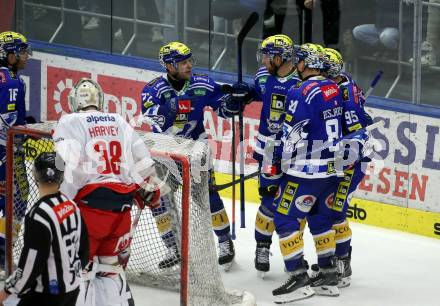 EBEL. Eishockey Bundesliga. EC VSV gegen HCB Suedtirol Alperia.  Torjubel Robert Sabolic, Andrew Desjardins, Mark Katic, John Hughes (VSV). Villach, am 5.3.2024.
Foto: Kuess
www.qspictures.net
---
pressefotos, pressefotografie, kuess, qs, qspictures, sport, bild, bilder, bilddatenbank