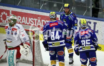 EBEL. Eishockey Bundesliga. EC VSV gegen HCB Suedtirol Alperia.  Torjubel Robert Sabolic, Andrew Desjardins, Mark Katic (VSV). Villach, am 5.3.2024.
Foto: Kuess
www.qspictures.net
---
pressefotos, pressefotografie, kuess, qs, qspictures, sport, bild, bilder, bilddatenbank