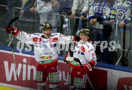 EBEL. Eishockey Bundesliga. EC VSV gegen HCB Suedtirol Alperia.  Torjubel, Brad Mcclure, Dustin Gazley  (Bozen). Villach, am 5.3.2024.
Foto: Kuess
www.qspictures.net
---
pressefotos, pressefotografie, kuess, qs, qspictures, sport, bild, bilder, bilddatenbank