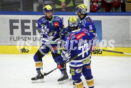 EBEL. Eishockey Bundesliga. EC VSV gegen HCB Suedtirol Alperia.  Torjubel John Hughes, Kevin Hancock, Philipp Lindner (VSV). Villach, am 9.3.2024.
Foto: Kuess
www.qspictures.net
---
pressefotos, pressefotografie, kuess, qs, qspictures, sport, bild, bilder, bilddatenbank