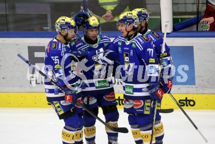 EBEL. Eishockey Bundesliga. EC VSV gegen HCB Suedtirol Alperia.  Torjubel Robert Sabolic, John Hughes, Kevin Hancock, Philipp Lindner (VSV). Villach, am 9.3.2024.
Foto: Kuess
www.qspictures.net
---
pressefotos, pressefotografie, kuess, qs, qspictures, sport, bild, bilder, bilddatenbank