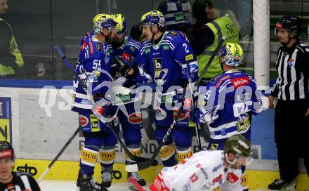 EBEL. Eishockey Bundesliga. EC VSV gegen HCB Suedtirol Alperia.  Torjubel Kevin Hancock, Robert Sabolic, Fylan Macpherson, Mark Katic (VSV). Villach, am 9.3.2024.
Foto: Kuess
www.qspictures.net
---
pressefotos, pressefotografie, kuess, qs, qspictures, sport, bild, bilder, bilddatenbank