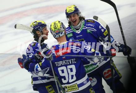 EBEL. Eishockey Bundesliga. EC VSV gegen HCB Suedtirol Alperia.  Torjubel Florian Lanzinger, Blaz Tomazevic, Tim Geifes (VSV). Villach, am 9.3.2024.
Foto: Kuess
www.qspictures.net
---
pressefotos, pressefotografie, kuess, qs, qspictures, sport, bild, bilder, bilddatenbank