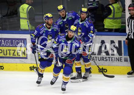 EBEL. Eishockey Bundesliga. EC VSV gegen HCB Suedtirol Alperia.  Torjubel Kevin Hancock, Robert Sabolic, Fylan Macpherson, Mark Katic (VSV). Villach, am 9.3.2024.
Foto: Kuess
www.qspictures.net
---
pressefotos, pressefotografie, kuess, qs, qspictures, sport, bild, bilder, bilddatenbank