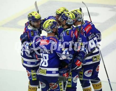 EBEL. Eishockey Bundesliga. EC VSV gegen HCB Suedtirol Alperia.  Torjubel Johannes Tschurnig, Blaz Tomazevic, Dylan Macpherson, Niklas Wetzl, (VSV). Villach, am 9.3.2024.
Foto: Kuess
www.qspictures.net
---
pressefotos, pressefotografie, kuess, qs, qspictures, sport, bild, bilder, bilddatenbank