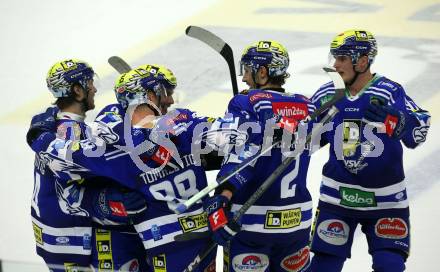 EBEL. Eishockey Bundesliga. EC VSV gegen HCB Suedtirol Alperia. Torjubel Johannes Tschurnig, Blaz Tomazevic, Dylan Macpherson, Niklas Wetzl,   (VSV). Villach, am 9.3.2024.
Foto: Kuess
www.qspictures.net
---
pressefotos, pressefotografie, kuess, qs, qspictures, sport, bild, bilder, bilddatenbank