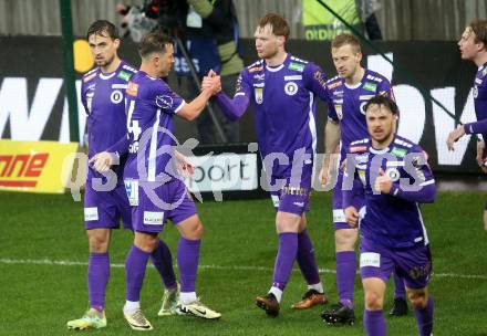 Fussball Bundesliga. SK Austria Klagenfurt gegen Rapid Wien.  Torjubel Christopher Wernitznig, Jonas Arweiler (Klagenfurt). Klagenfurt, am 10.3.2024.
Foto: Kuess
www.qspictures.net
---
pressefotos, pressefotografie, kuess, qs, qspictures, sport, bild, bilder, bilddatenbank